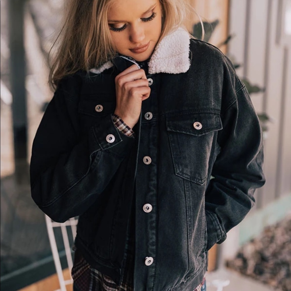 Faded Black Sherpa Lined Denim Jacket